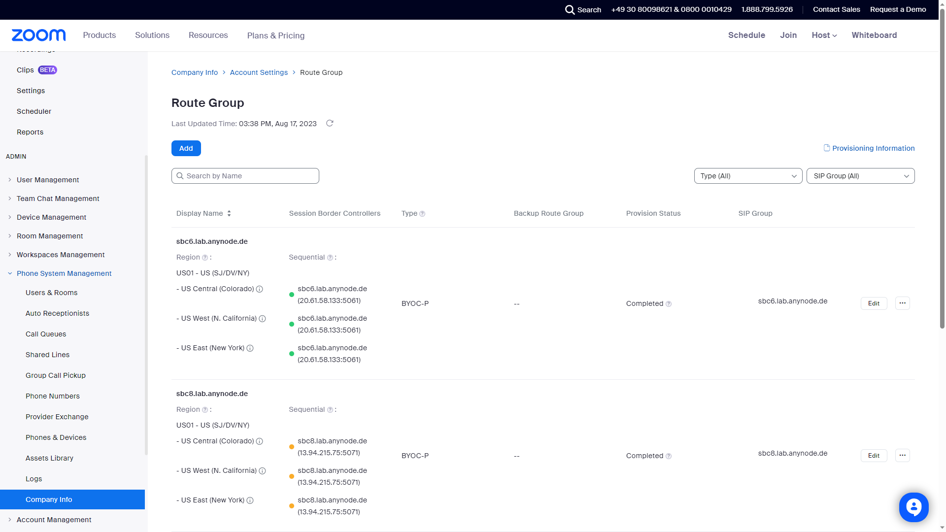 Screenshot: Zoom web portal with account settings and completed provision status for session border controller anynode.