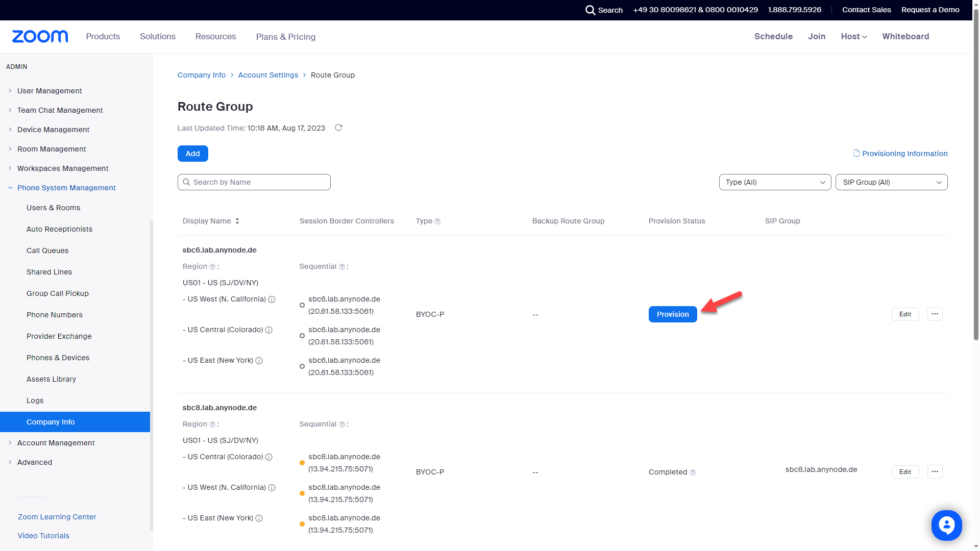 Screenshot: Zoom web portal with account settings and provision function for the route group.