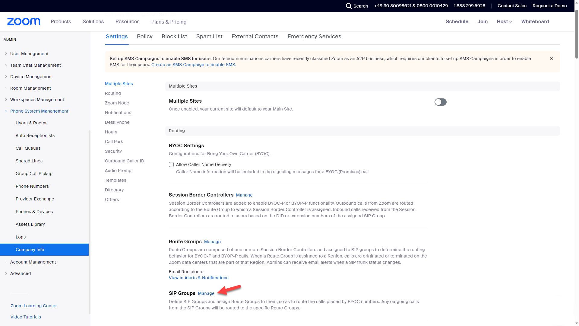 Screenshot: Zoom web portal with account settings and SIP groups management.