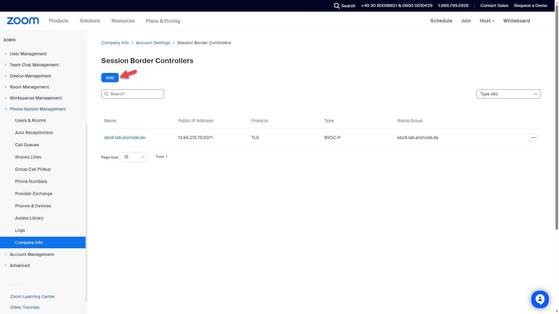 Screenshot: Zoom web portal with add function for session border controllers.