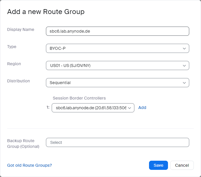 Screenshot: Zoom web portal with adding a new route group for session border controller anynode.