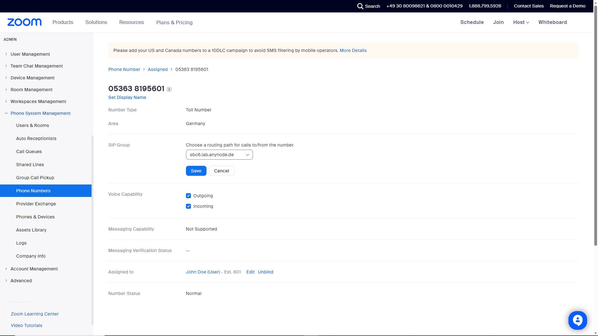 Screenshot: Zoom web portal with assigned phone number and chosen routing path.