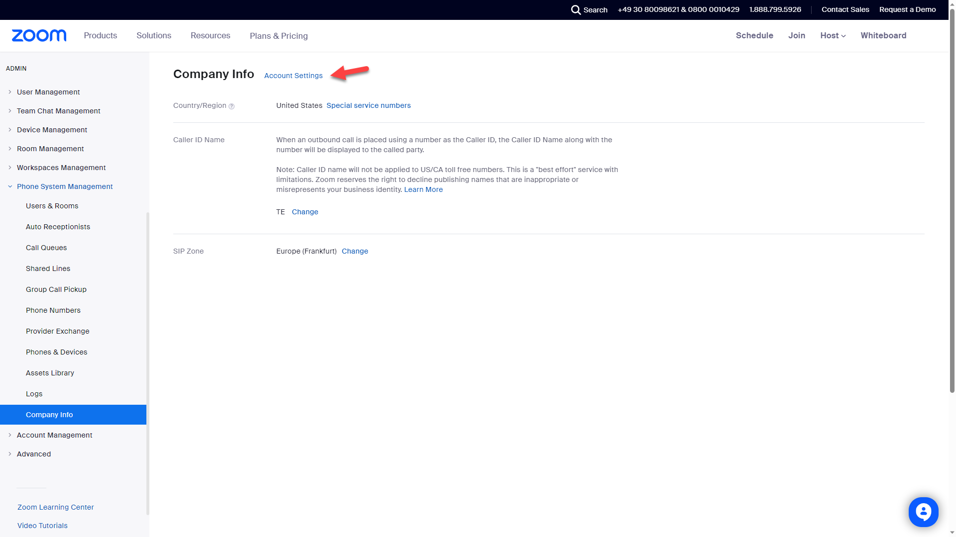 Screenshot: Zoom web portal with company info settings and access to the account settings.