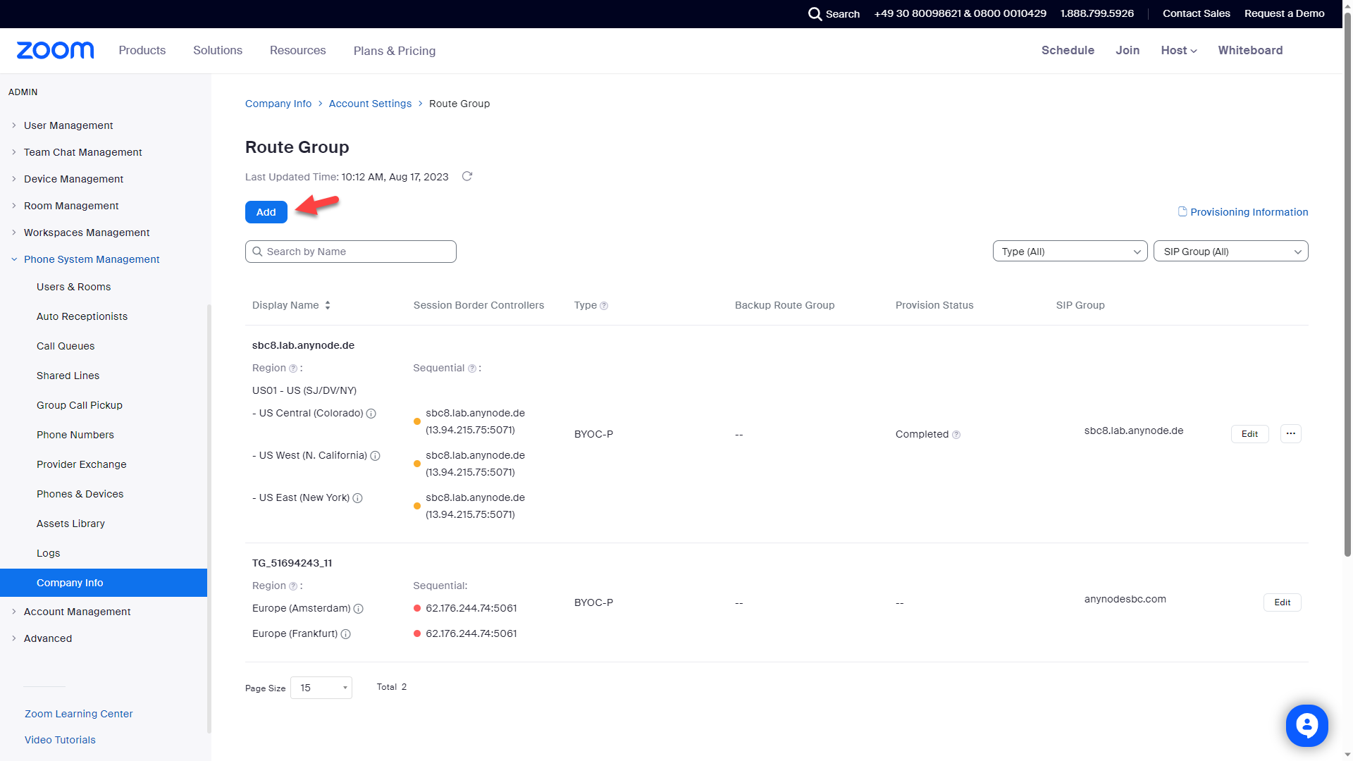 Screenshot: Zoom web portal with route group settings.