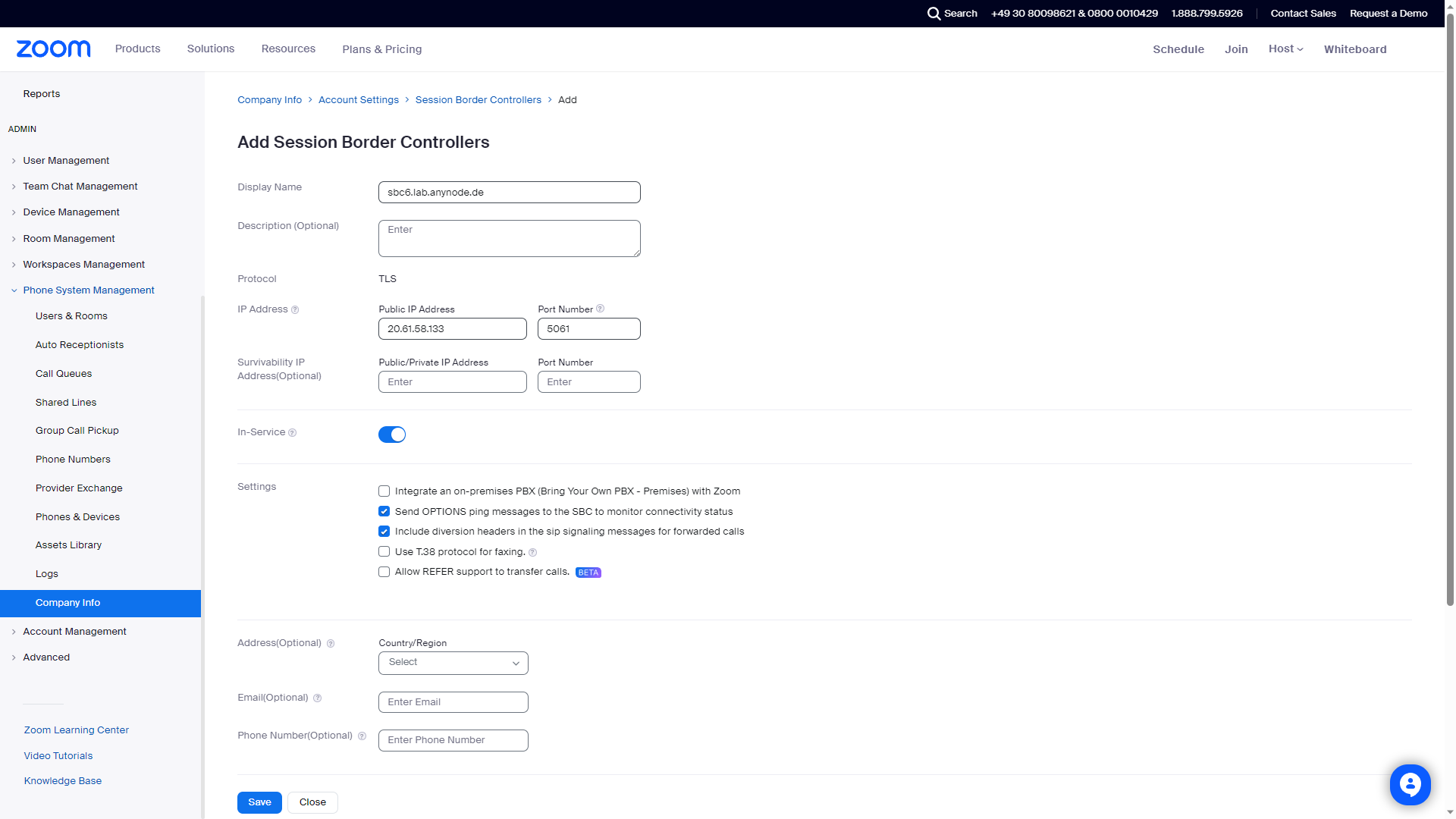 Screenshot: Zoom web portal with session border controller settings for anynode.