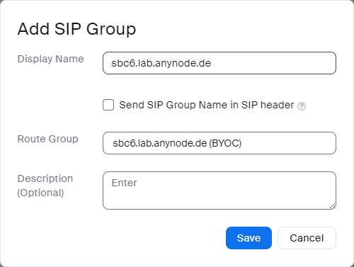 Screenshot: Zoom web portal with SIP group settings for session border controller anynode.